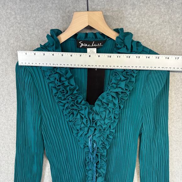 Susan Lucci Blouse Top Womens Medium Teal Green 100% Polyester Pleated Ruffled - Picture 12 of 15